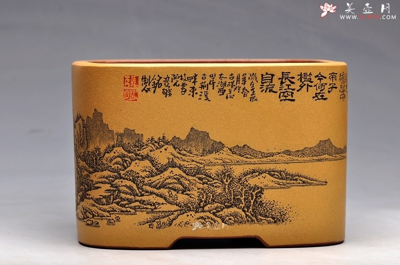 紫砂壶图片：清雅 古色山水 通景 精品四方水洗 - 美壶网