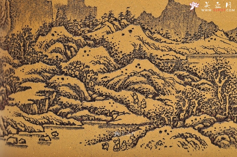 紫砂壶图片：清雅 古色山水 通景 精品四方水洗 - 美壶网