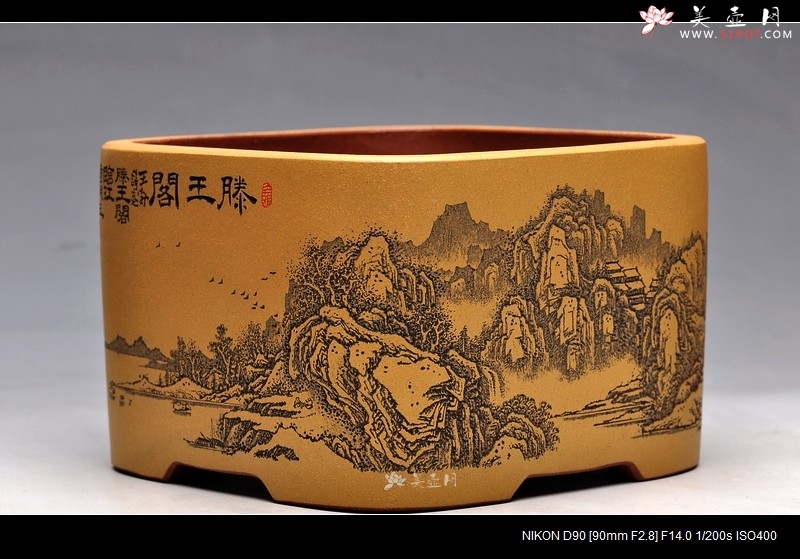 紫砂壶图片：清雅 古色山水 通景 精品四方水洗 - 美壶网