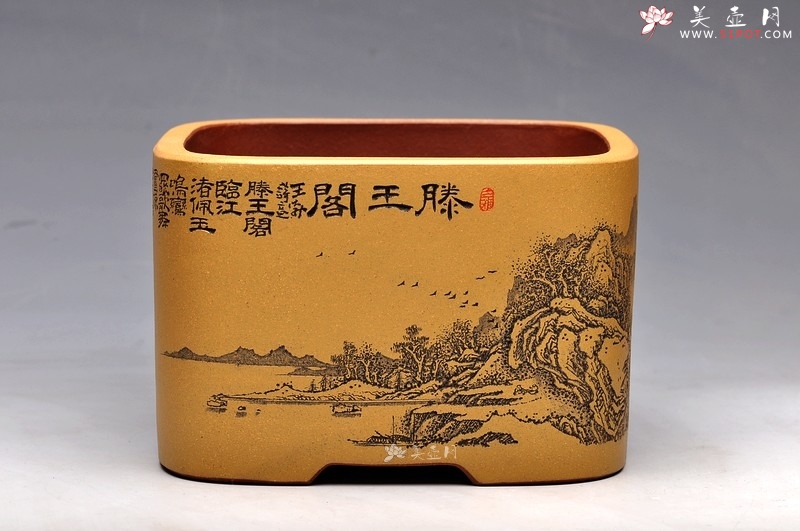 紫砂壶图片：清雅 古色山水 通景 精品四方水洗 - 美壶网