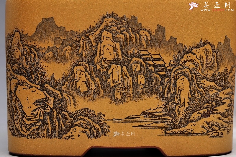 紫砂壶图片：清雅 古色山水 通景 精品四方水洗 - 美壶网