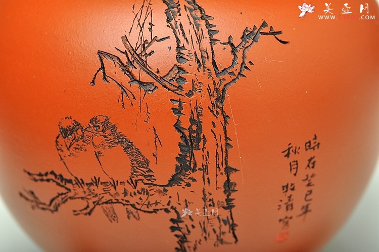 紫砂壶图片：朱牧青老师原矿小红泥花瓶一套  做工精细  刻绘生动 - 美壶网