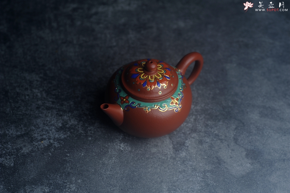 紫砂壶图片：美壶特惠 优质朱泥宫廷风格珐琅彩水平壶 茶人醉爱 - 美壶网