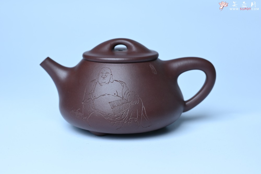 紫砂壶图片：油润底曹青 全手工景舟小石瓢 装饰人物 特文气 - 美壶网