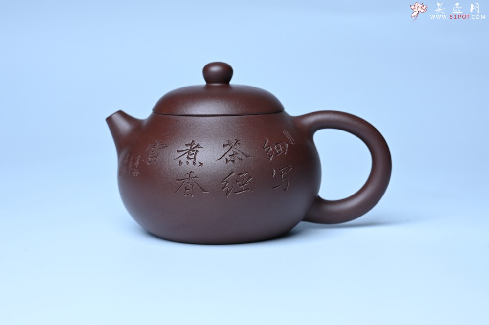 紫砂壶图片：油润底曹青 全手工文旦茶壶 细写茶经煮香雪 闲趣图 特文气 期待与亲结缘 - 美壶网