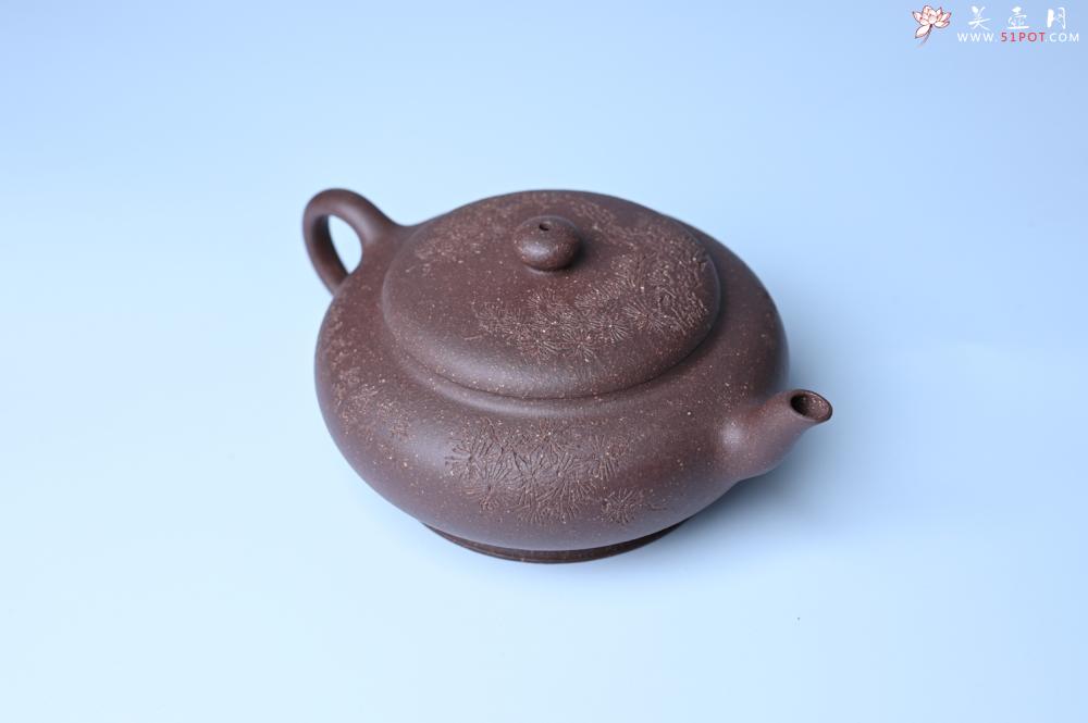 紫砂壶图片：美壶特惠 特好紫泥扁玉壶 装饰不老松 文气十足 - 美壶网