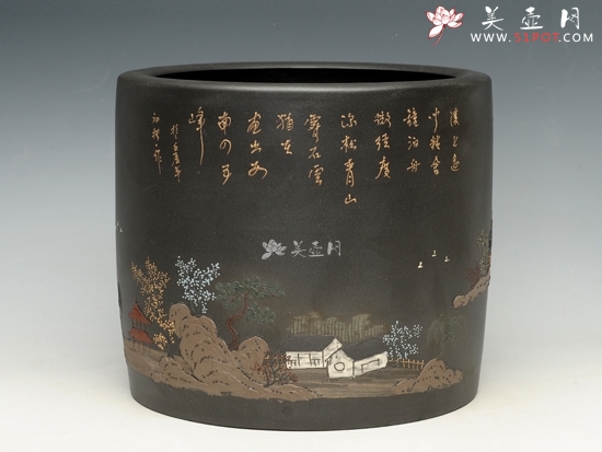 紫砂壶图片：笔筒（泥绘） - 美壶网